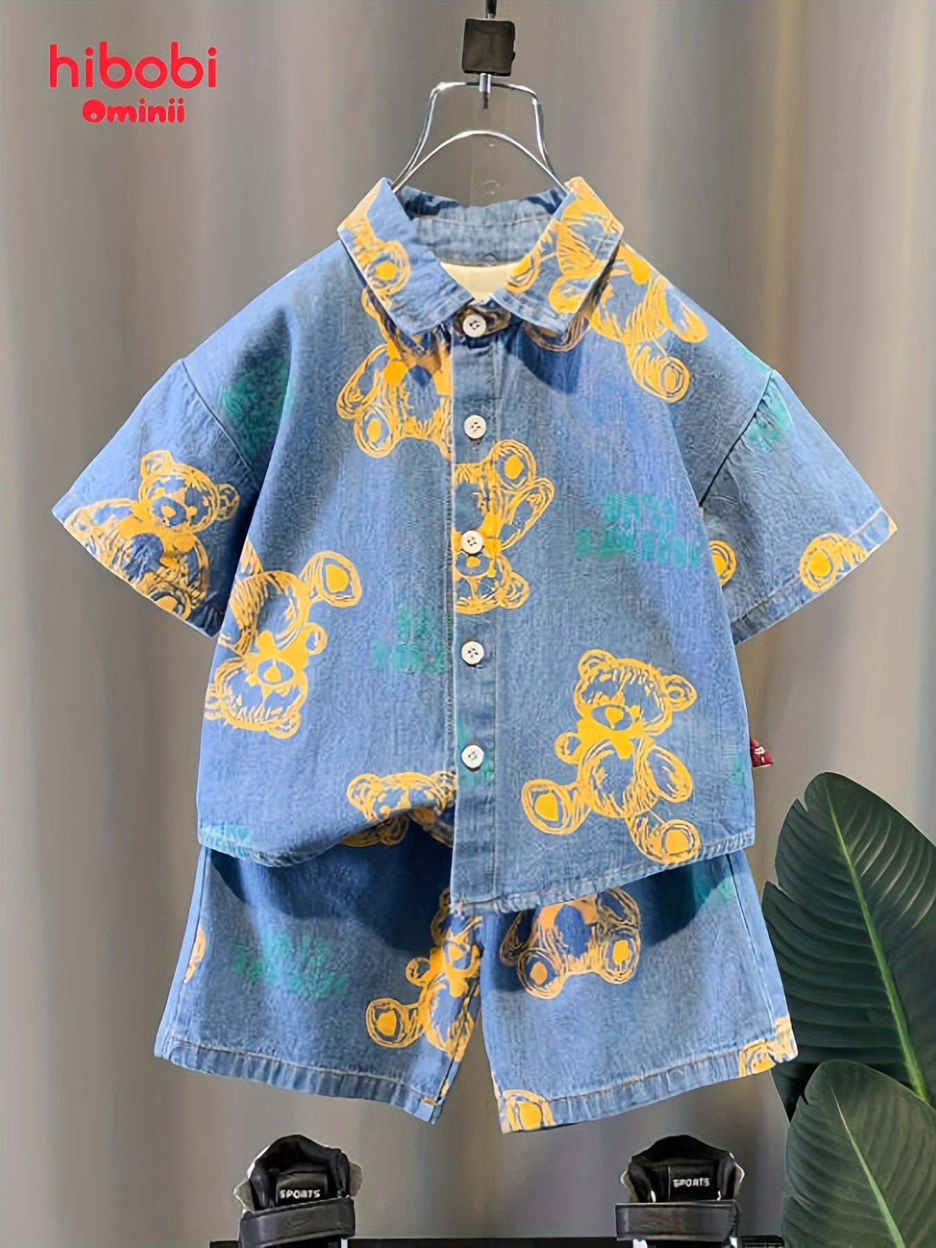 Kids Boys Summer Denim Set 2pcs Bear Graphic Short Sleeve Shirt and Shorts
