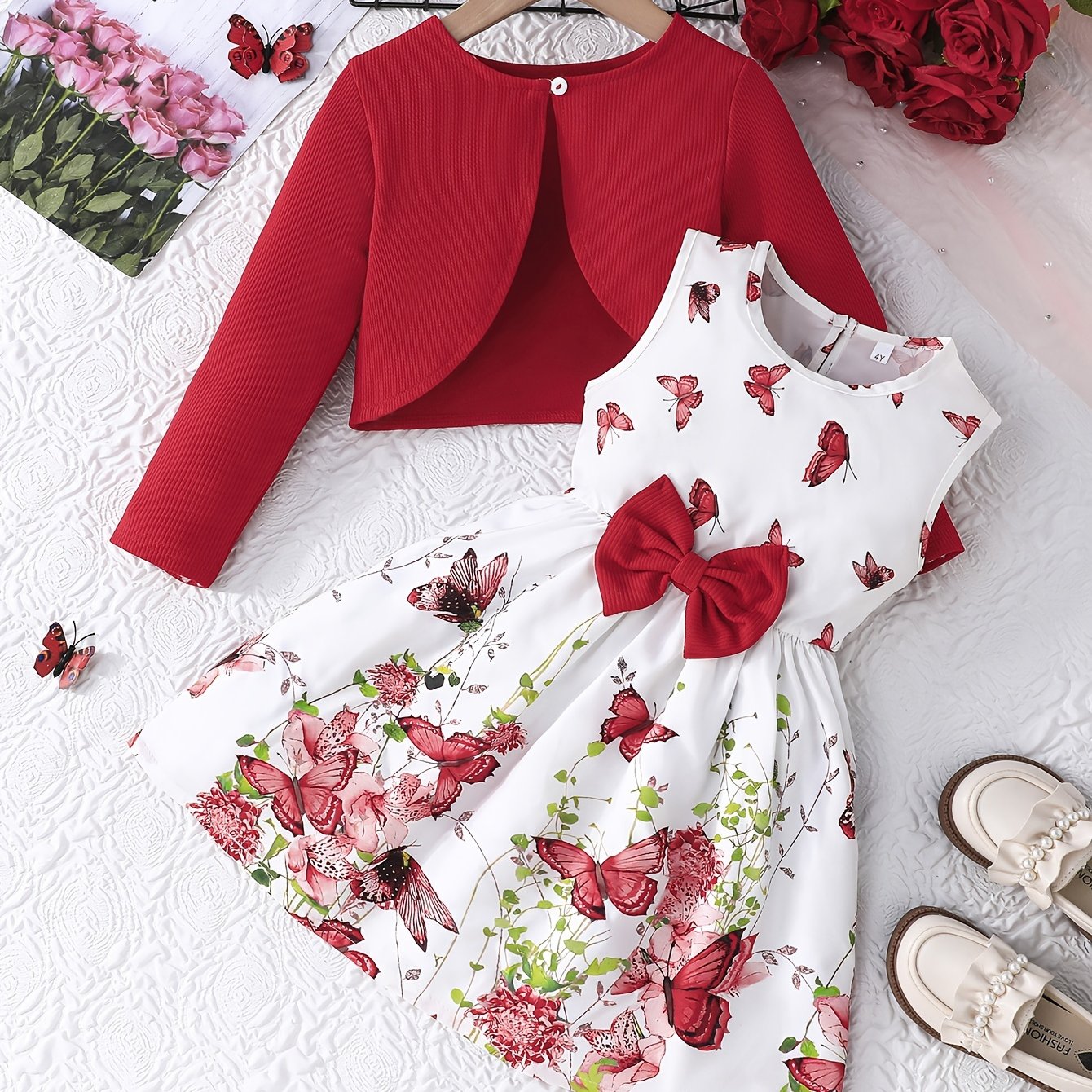 Girls' Valentines Day Outfit Set Long-Sleeved Cardigan and Sleeveless Sundress for Kids