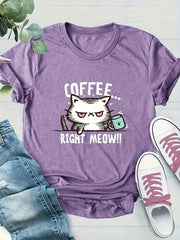 Women’s Summer Casual Knit Short Sleeve T-Shirt with Coffee Cat Graphic