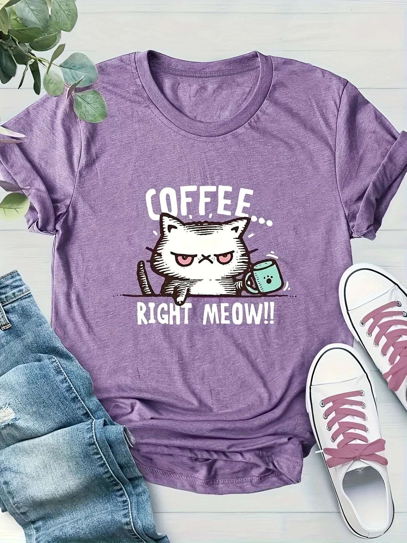 Women’s Summer Casual Knit Short Sleeve T-Shirt with Coffee Cat Graphic
