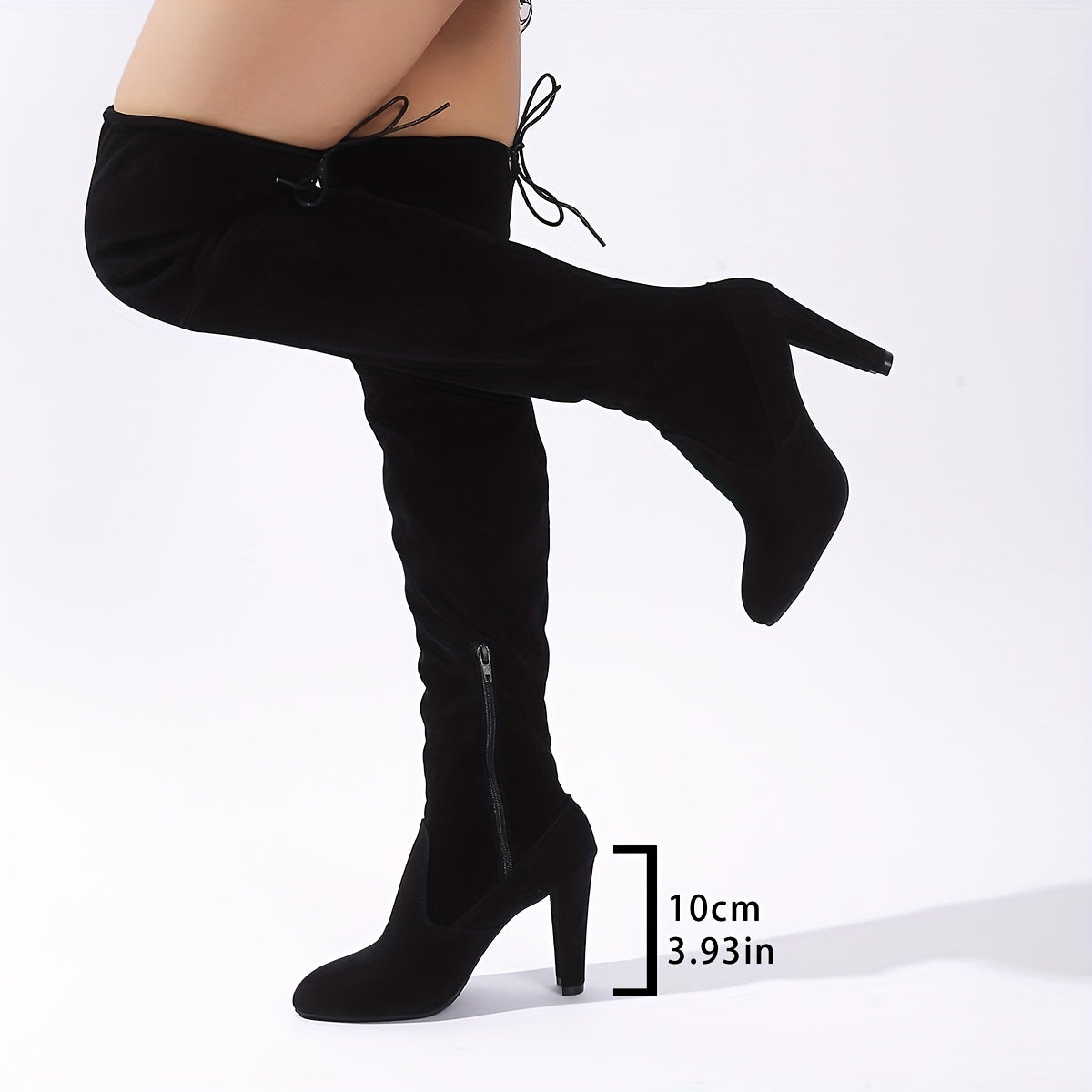 Women's Black Knee-High Boots with Side Zipper and Block Heel