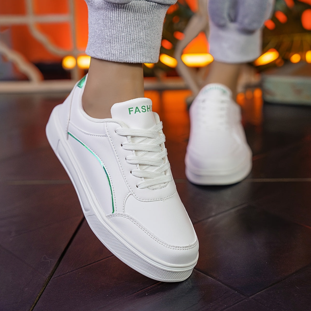 Women's White Sneakers with Gold Accents Low-Top Comfortable Casual Walking Shoes
