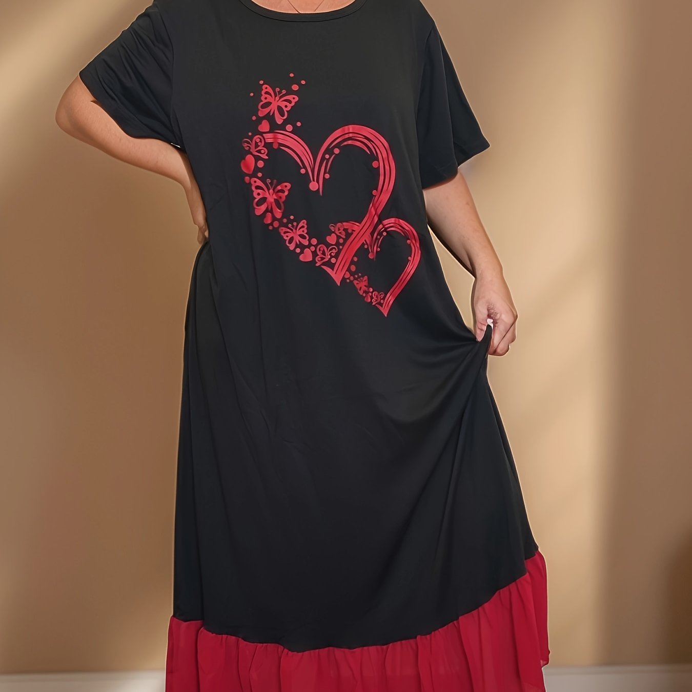 Plus Size Black Chiffon Nightgown with Red Ruffle Hem and Heart