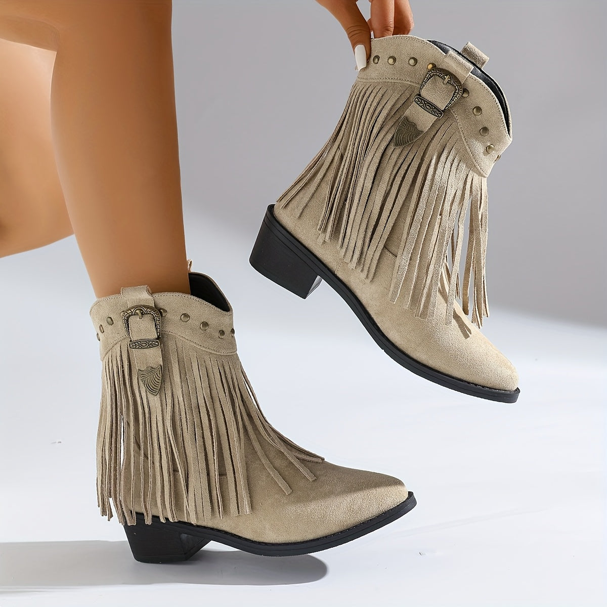 Women's Ankle Boots Leather Slip-On Pointed Toe Fringe Buckle Beige All-Season