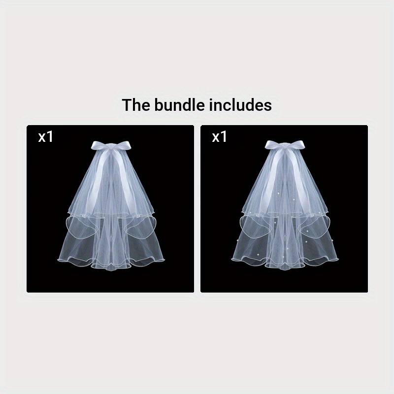 Velo de novia con 2 niveles, lazo de raso con perlas falsas, peineta para novia, borde rizado