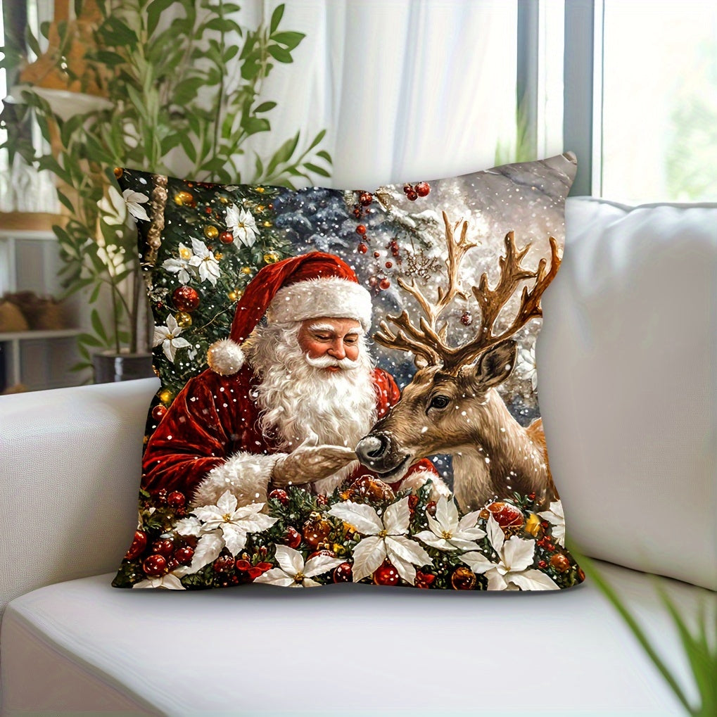 Rojdestvo Santa Rəindeer Velur Yostiq qopqog'i 44.96x44.96 sm Zipper Mashina yuvish mumkin