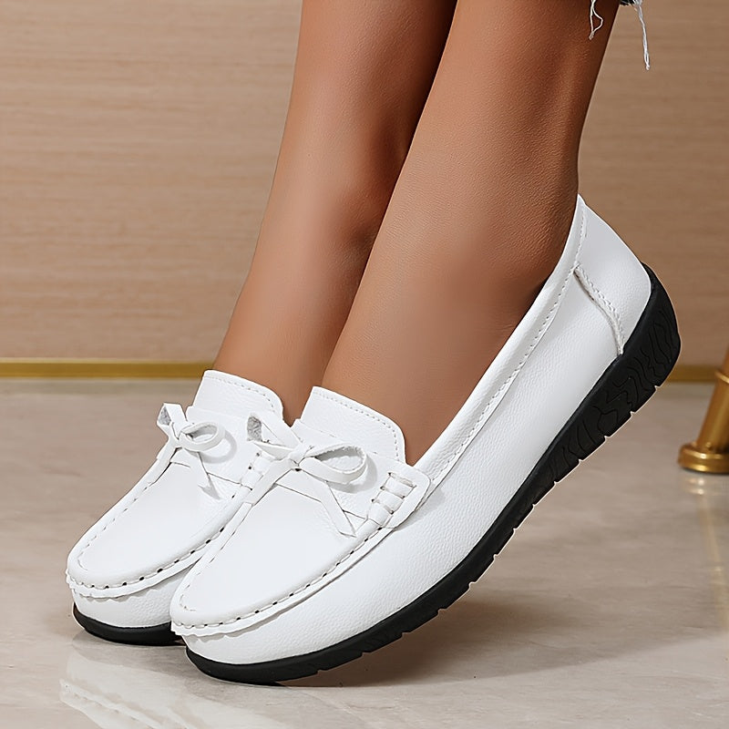 Women's White Faux Leather Loafers with Bow Slip-On Flats for Casual and Nurse Use