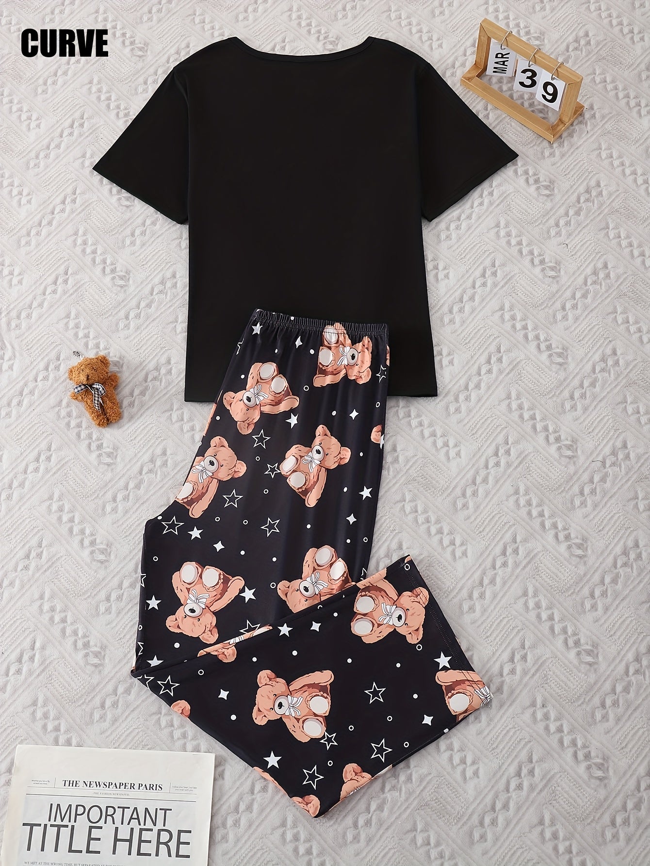 Women's Plus Size Pajama Set Short Sleeve Bear Print Stretch Knit All-Season