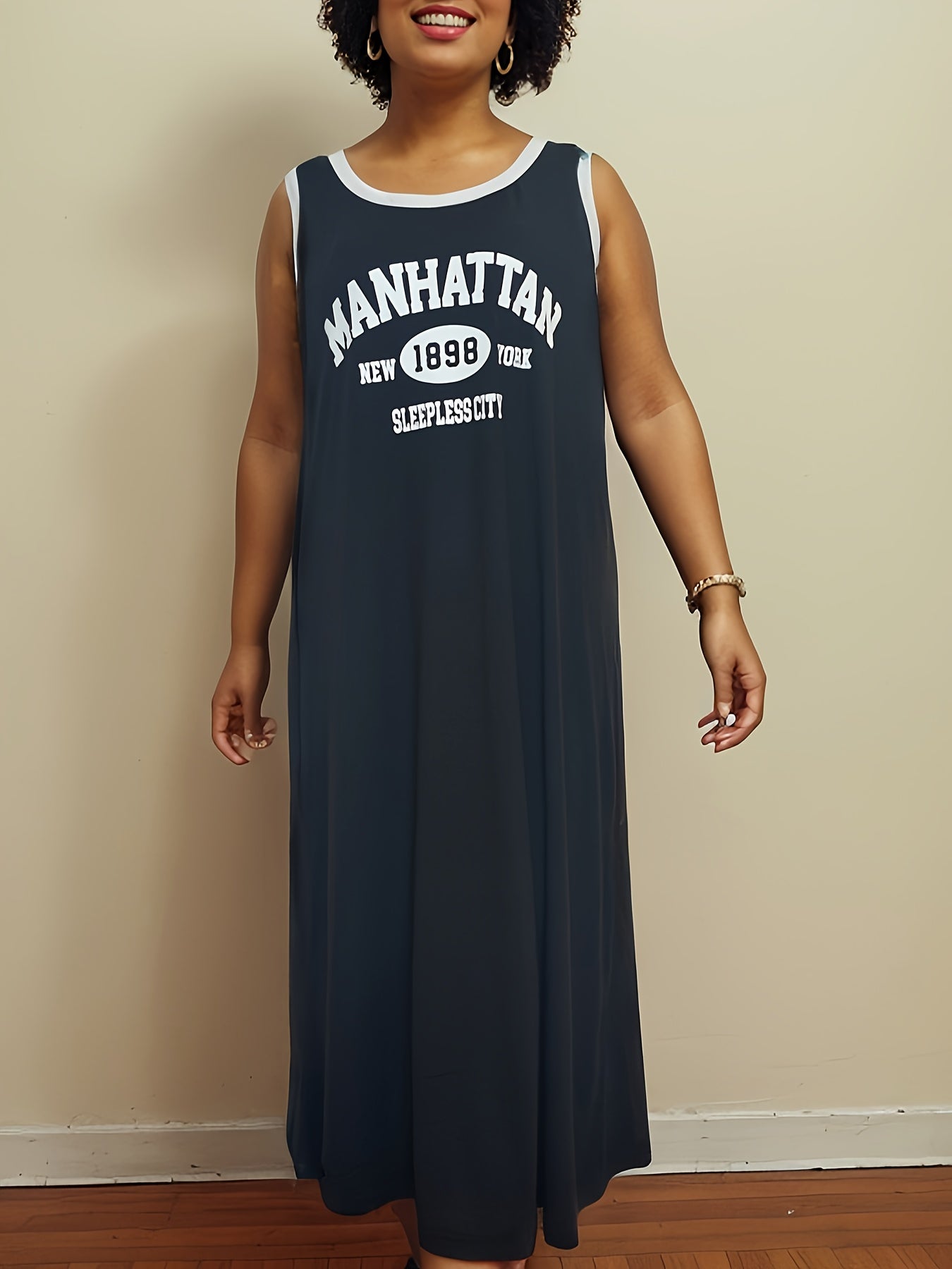 Plus Size Women's Casual Sleeveless Tank Dress with White Letter Print