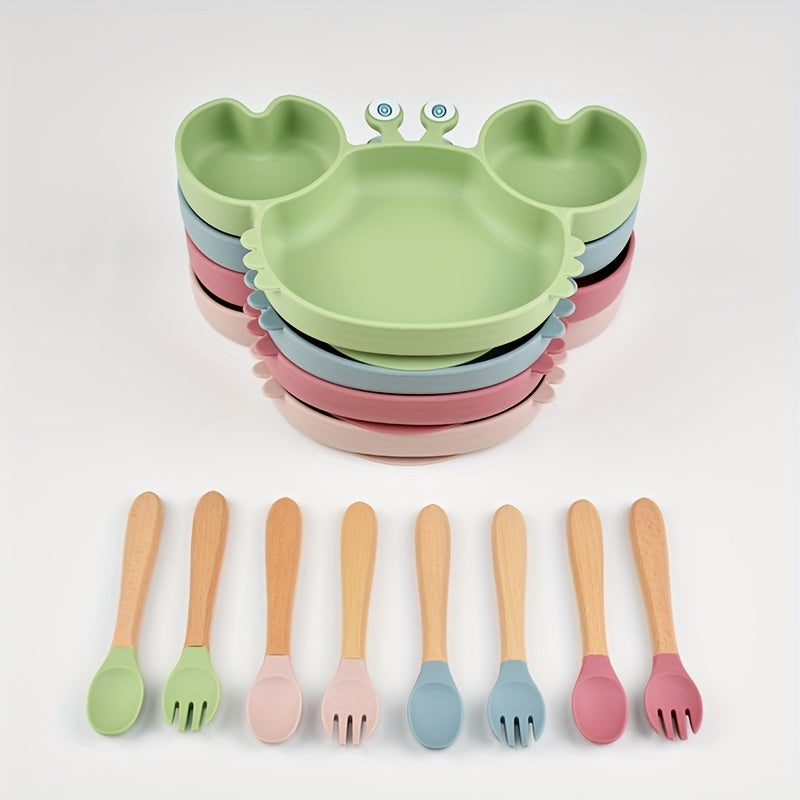 Silicone Toddler Tableware Set Non-Slip Crab Design Dinner Plate Spoons for Ages 0-3