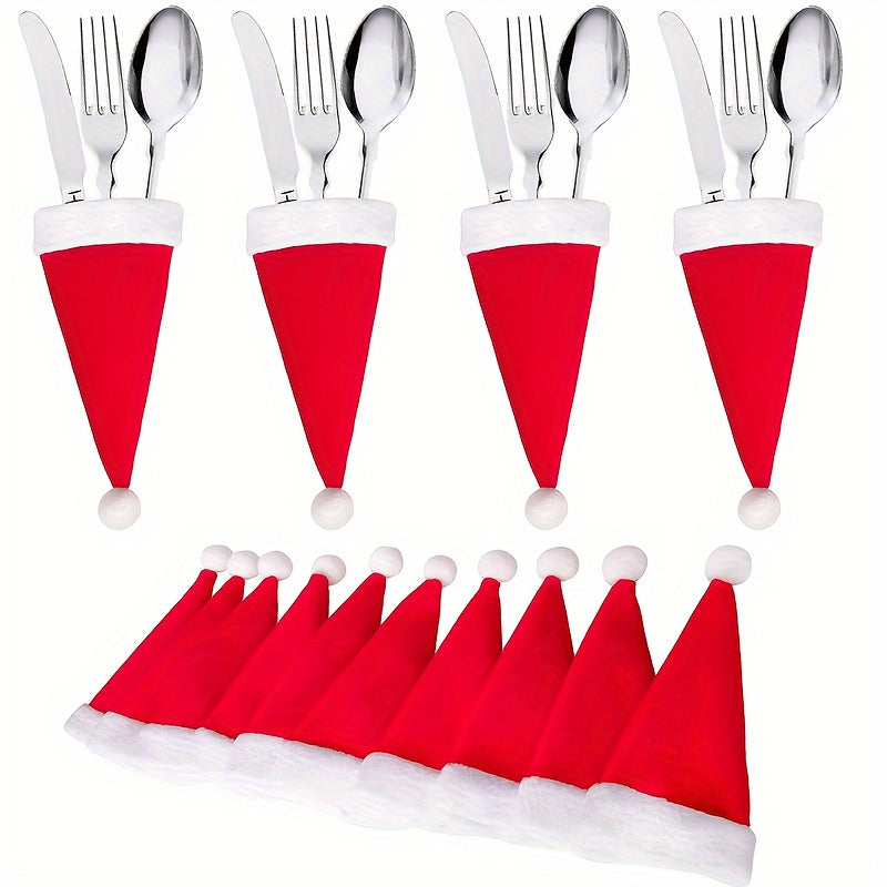 12-Piece Christmas Table Decoration Set with Santa Hat Cutlery Holders and Bottle Toppers Festive Party Decor