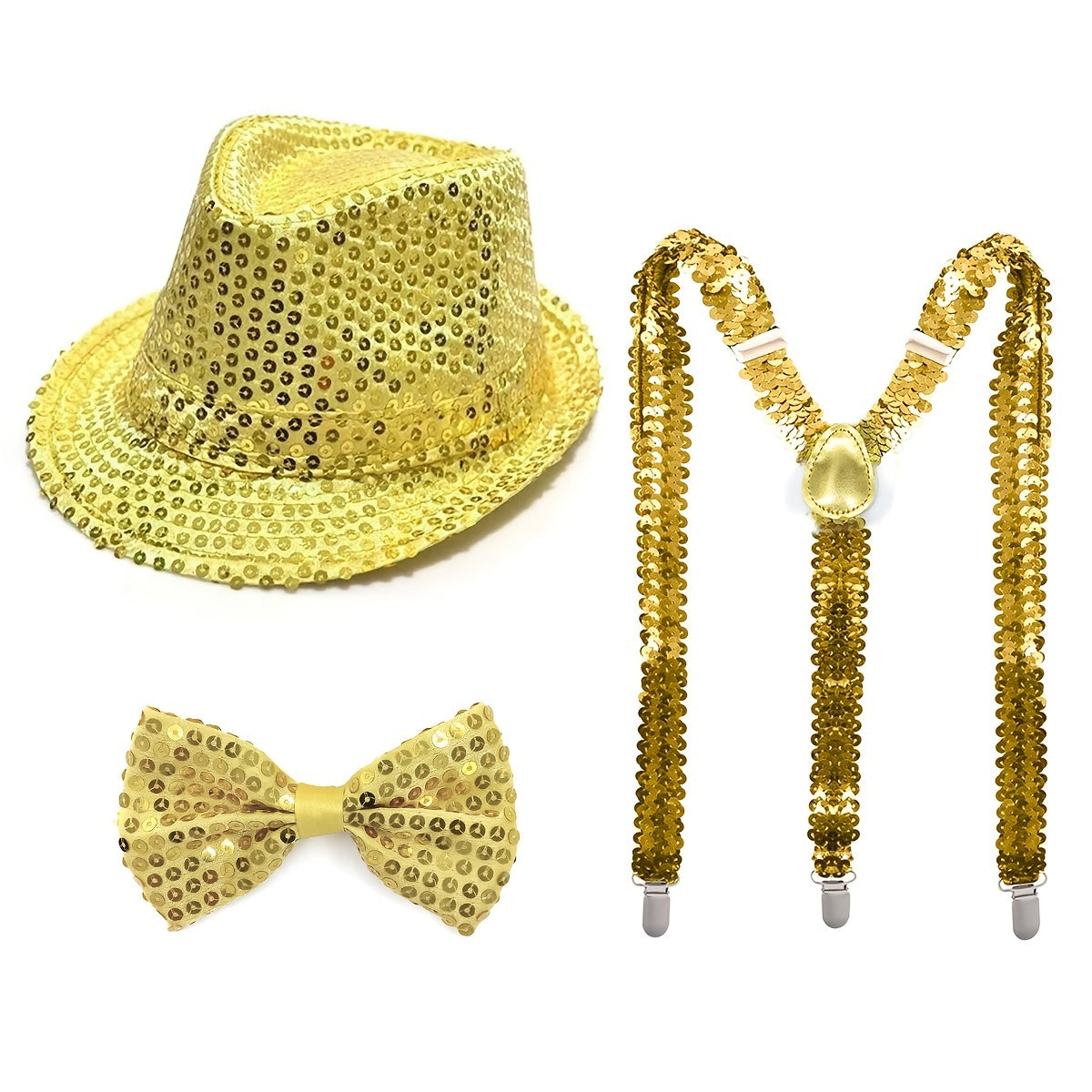 Set of Three Disco Sequin Fedora Hats for 70s Retro Party Costume Accessories