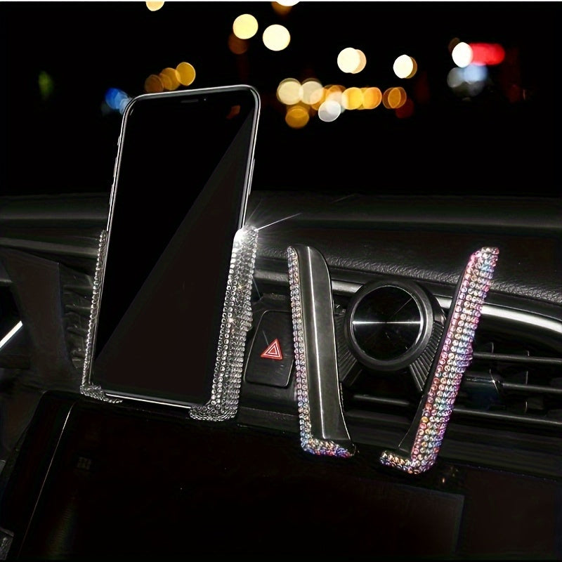 Car Phone Holder Sparkling Rhinestone Dual-Function Air Vent Mount Waterproof Rotatable