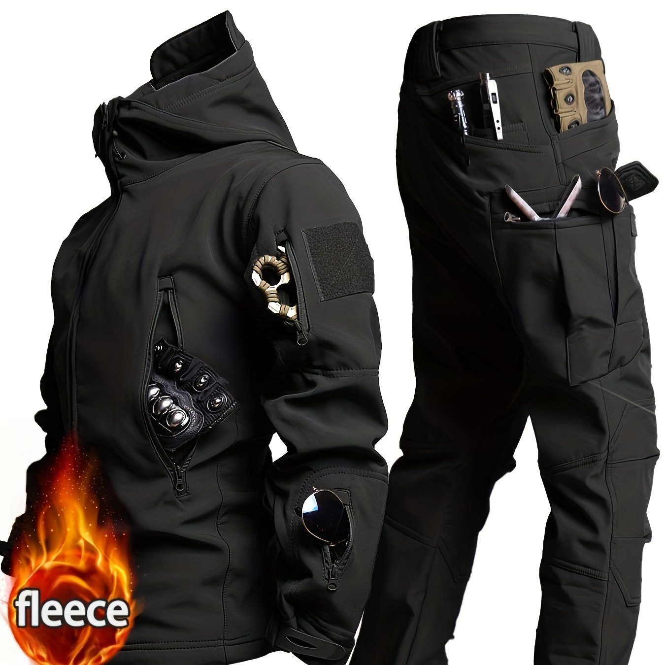 Men's Tactical Winter Camo Set Hooded Windproof Jacket Cargo Pants Fleece Lined Polyester Spandex