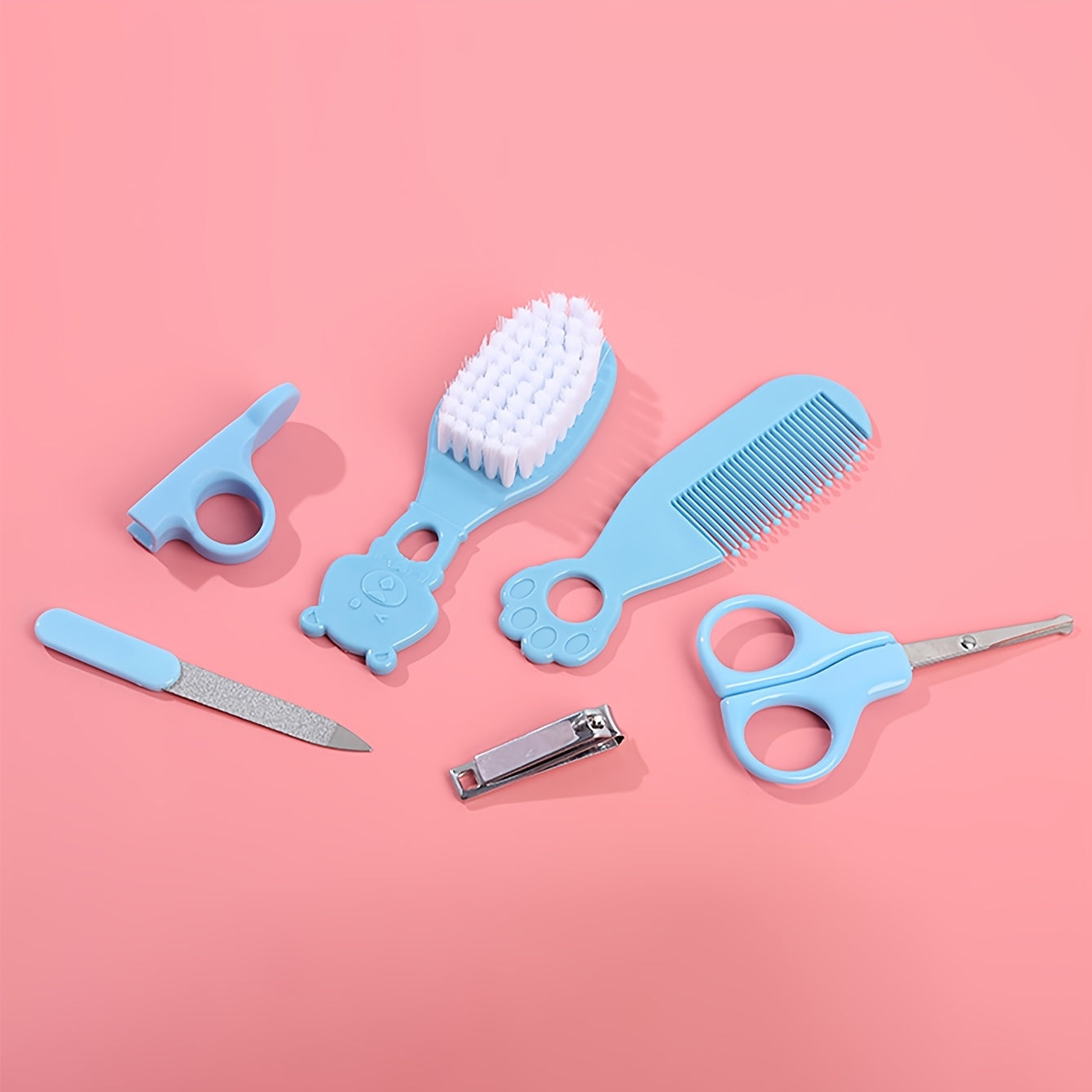 Juego de 6 artículos de cuidado para bebés en una caja con peine, cortaúñas, tijeras, lima de uñas y cepillo