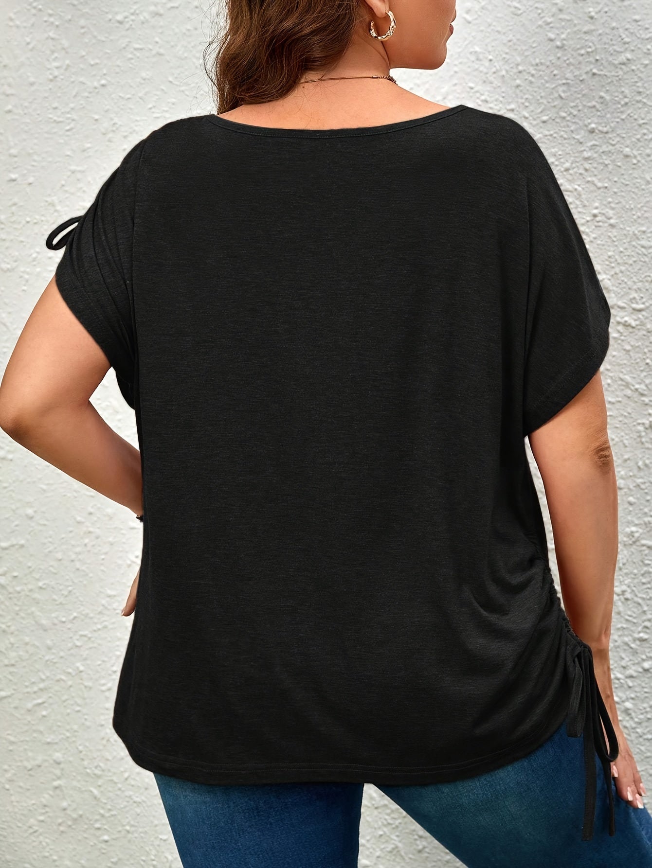 Plus Size Women's Casual T-Shirt with Drawstring Ruched Short Sleeves