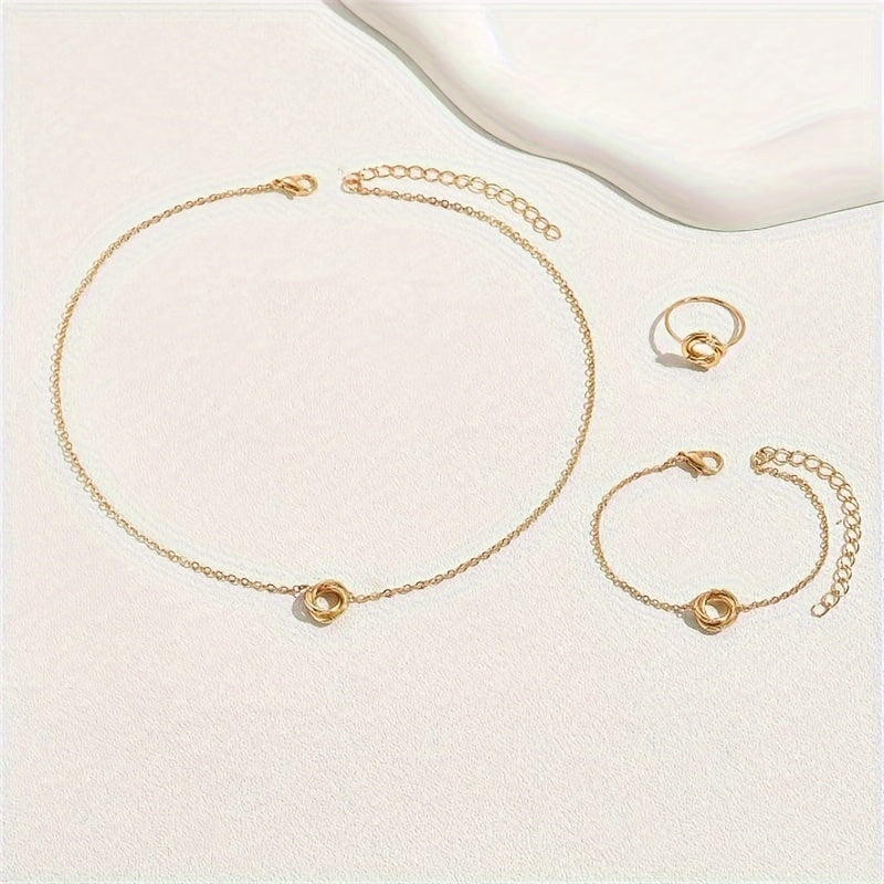 Women’s Iron Jewelry Set with Necklace Bracelet and Ring Elegant 3-Piece Twisted Flower Circle