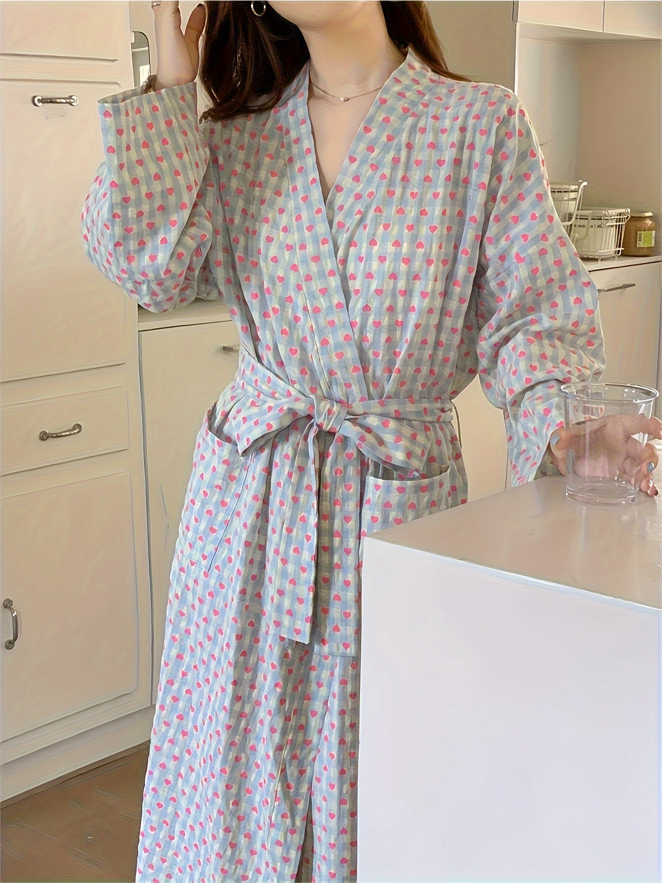 Women's Plaid Heart Print Robe Spring Summer Loose Fit Home Dress