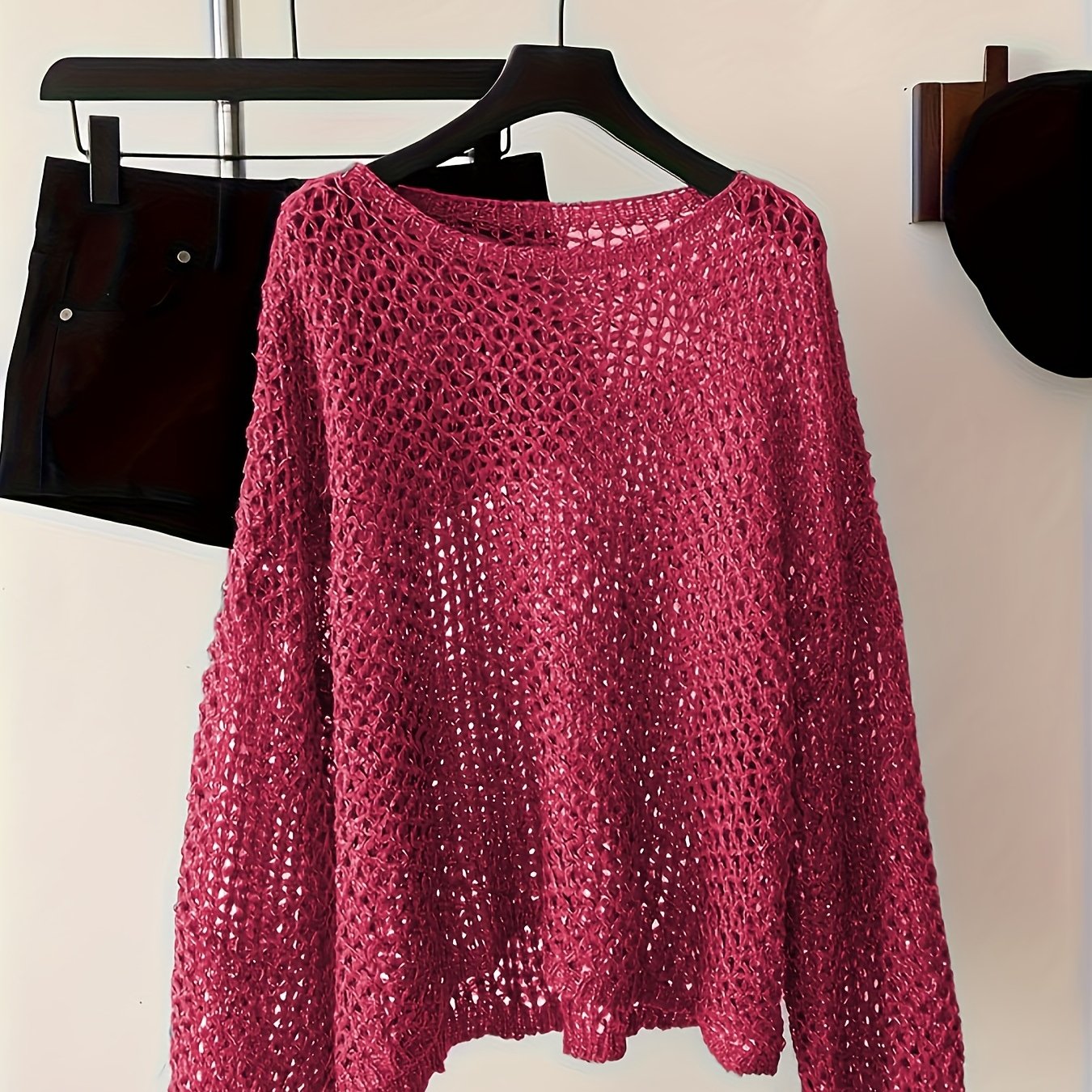 Women Plus Size Light Gray Crochet Sweater Long Sleeve Round Neck Pullover