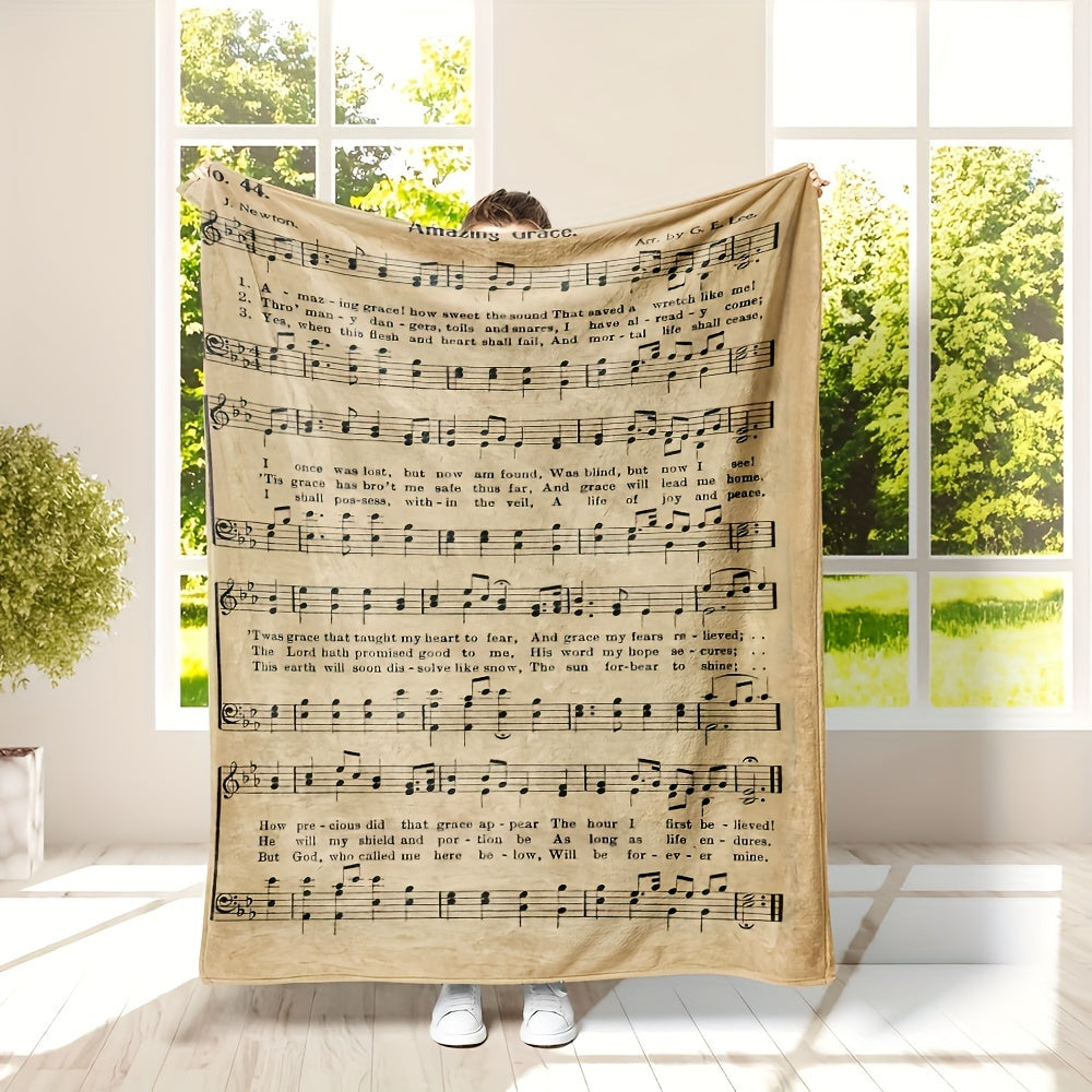 Warm Flannel Printed Blanket with Piano Sheet Music Design for Sofa Bed Camping and Travel