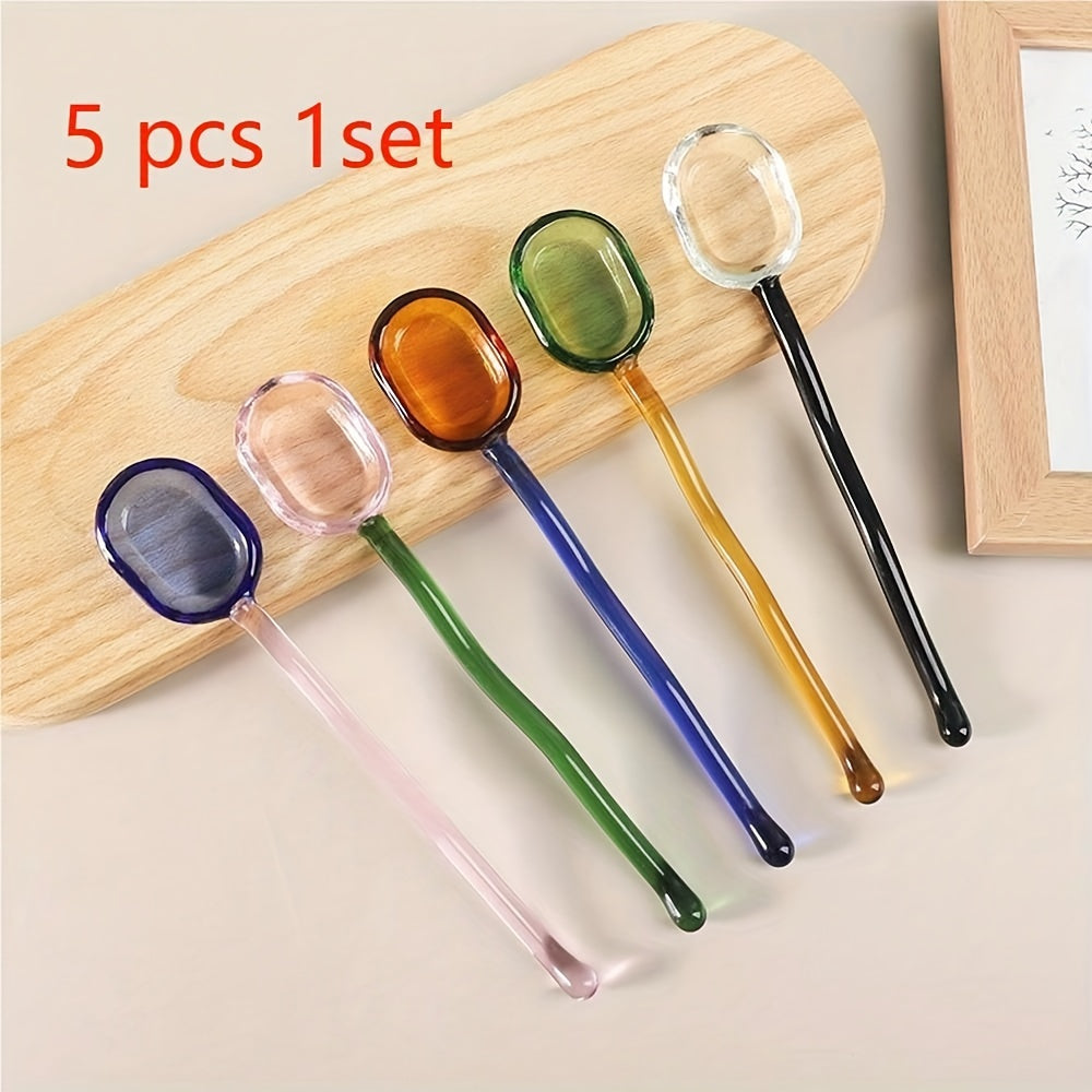 Set of 5 Whimsical Transparent Glass Coffee Spoons in Pastoral Colors for Stirring Milk and Desserts