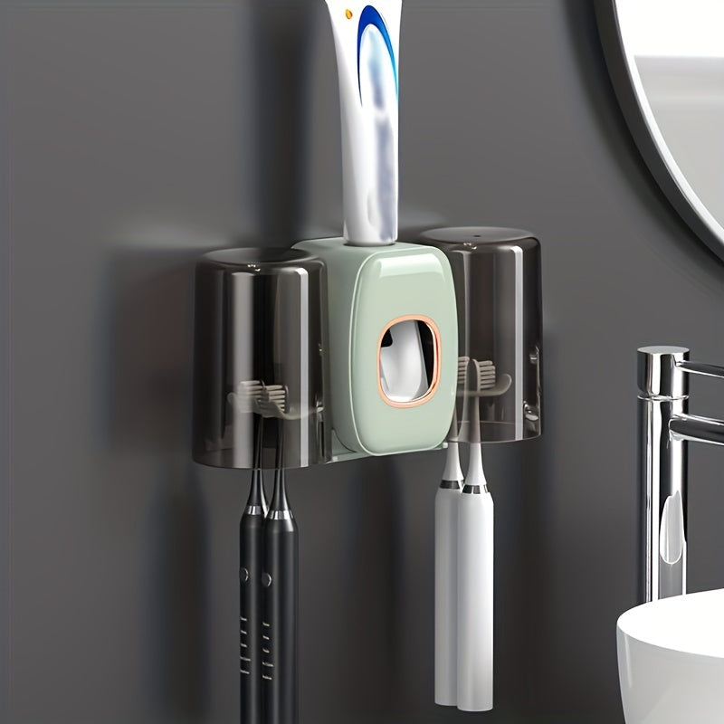 Wall-Mounted Toothbrush Holder with Toothpaste Squeezer and Mouthwash Cup for Bathroom Organization