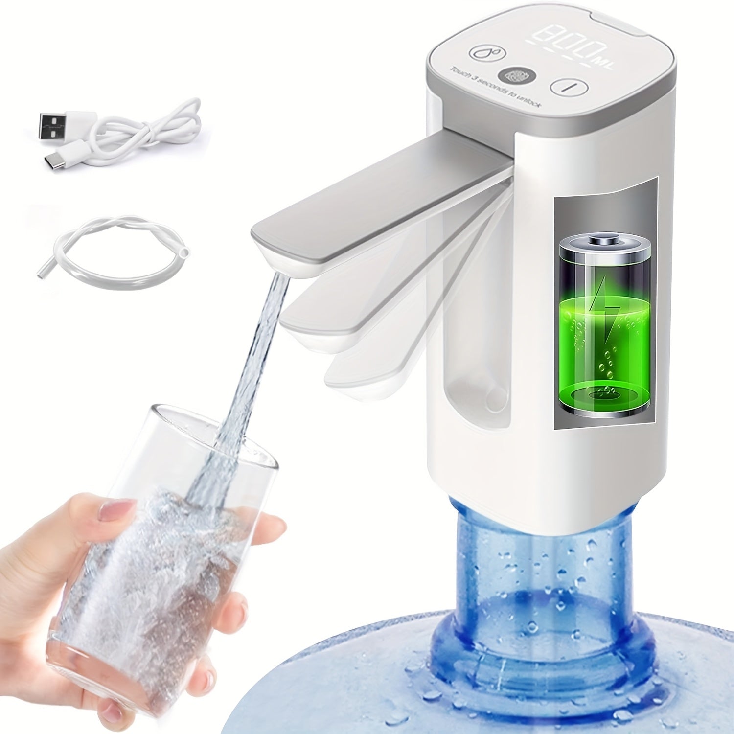 Портативный автоматический водораздатчик для бутылок объемом 18,93 л, зарядка через USB, для дома, офиса, кемпинга, путешествий