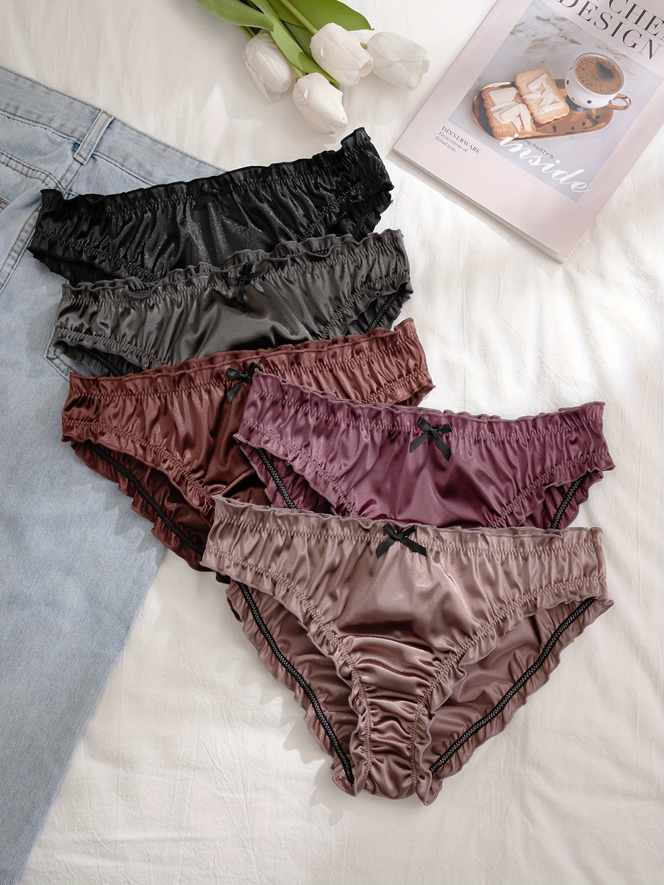 Women's Satin Bow Low Waist Briefs 5 Pack Soft Stretchy Lingerie
