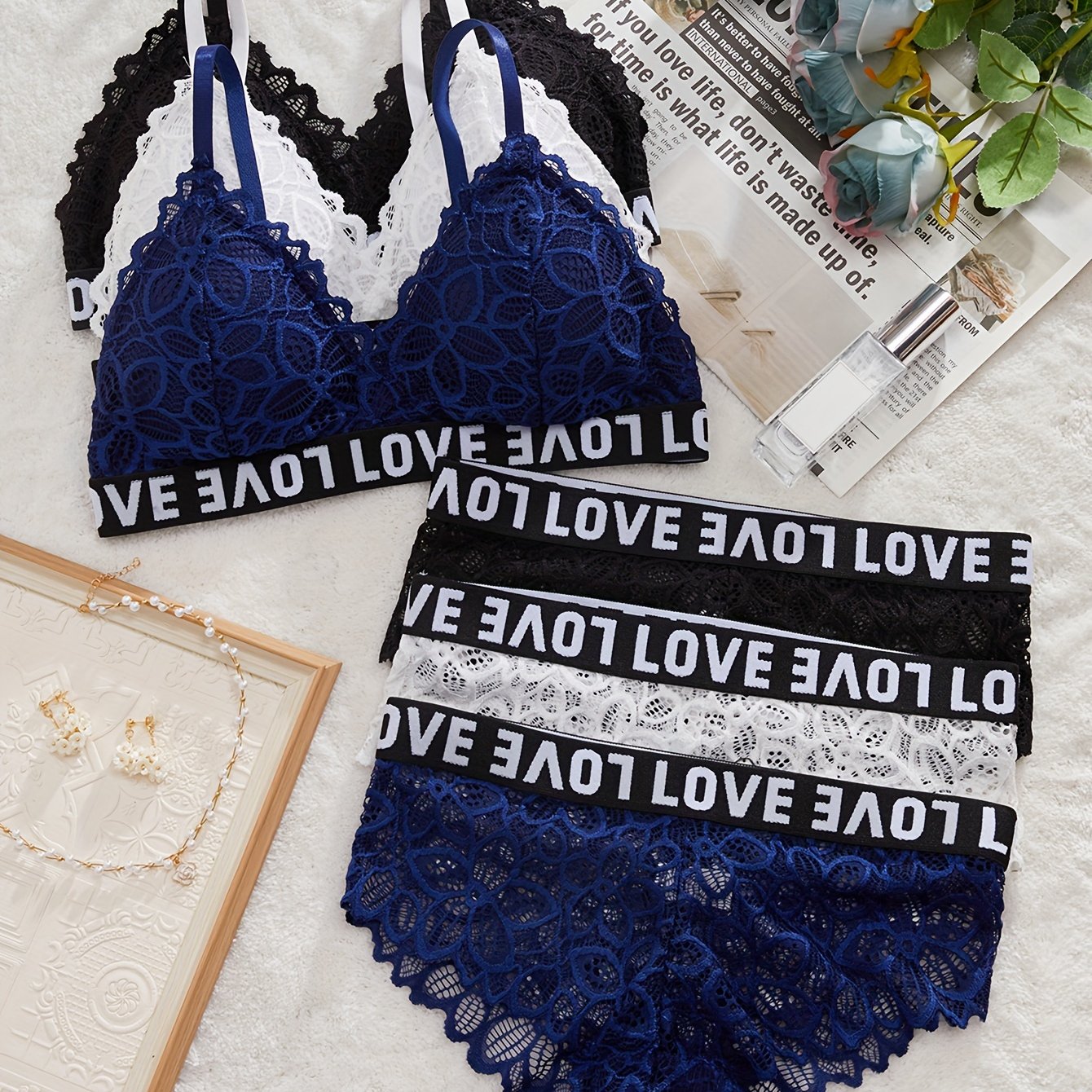 Women's Lace Lingerie Set with Contrast Wireless Bra and Panties