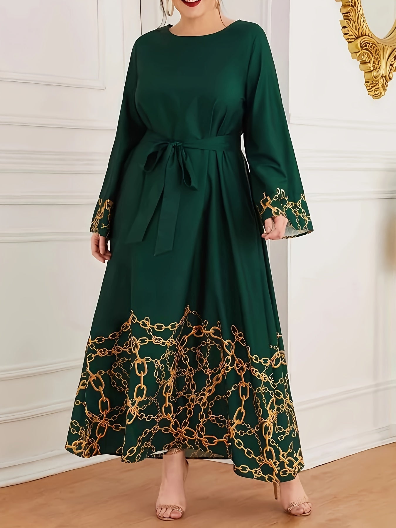 Women's A-Line Dress with Chain Print Crew Neck Long Sleeves Belt All-Season Polyester