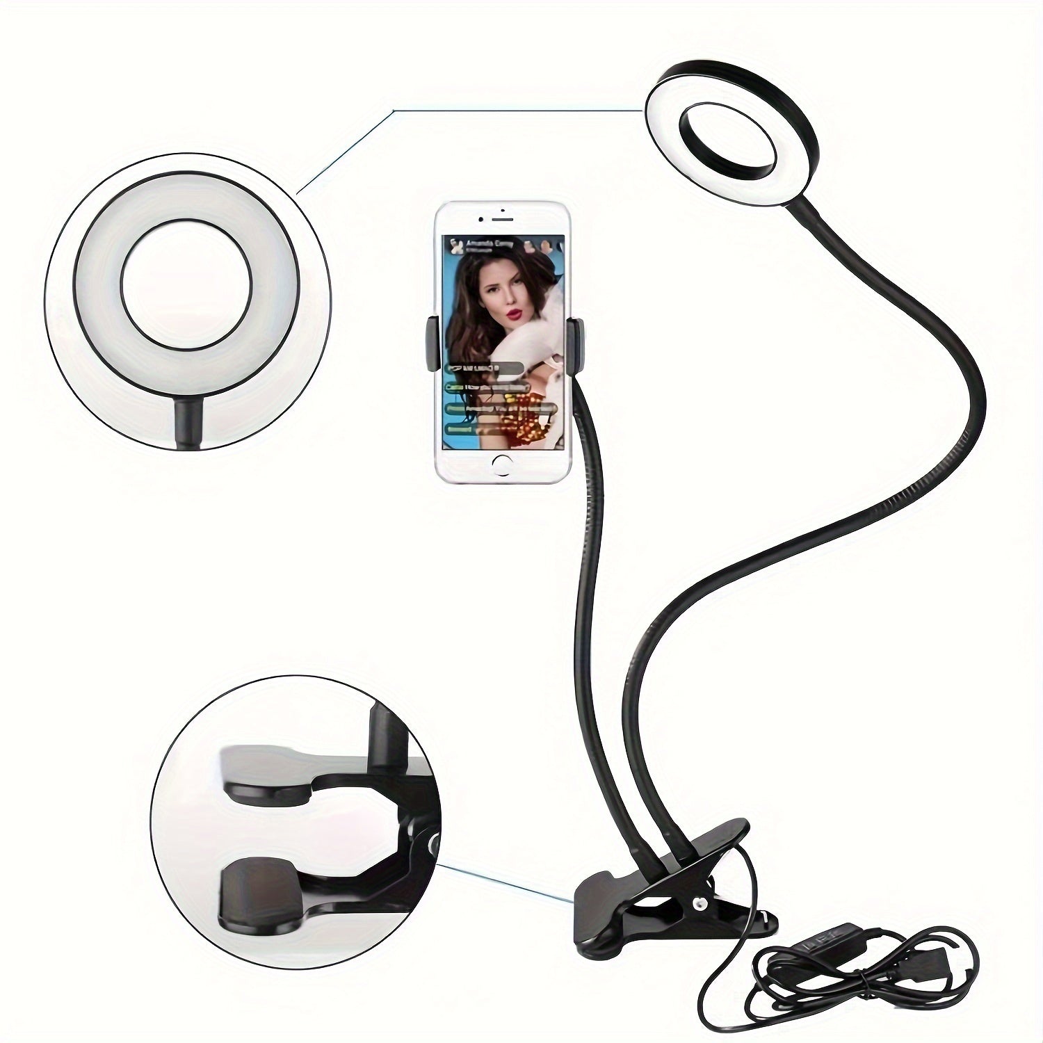 Iron Phone Grip Stand with Ring Light and Clip-On Gooseneck Light for Desk Reading Video Recording