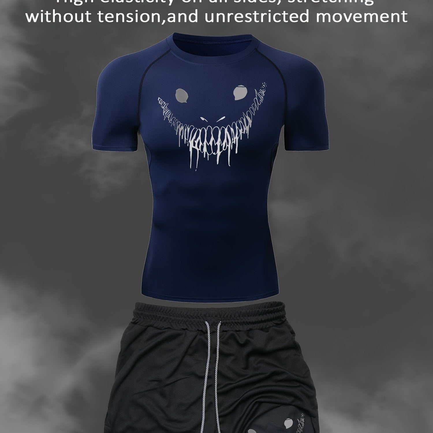 Men's Athletic Set Quick-Dry Smile Print T-Shirt and Multi-Pocket Shorts for Gym Running Outdoor