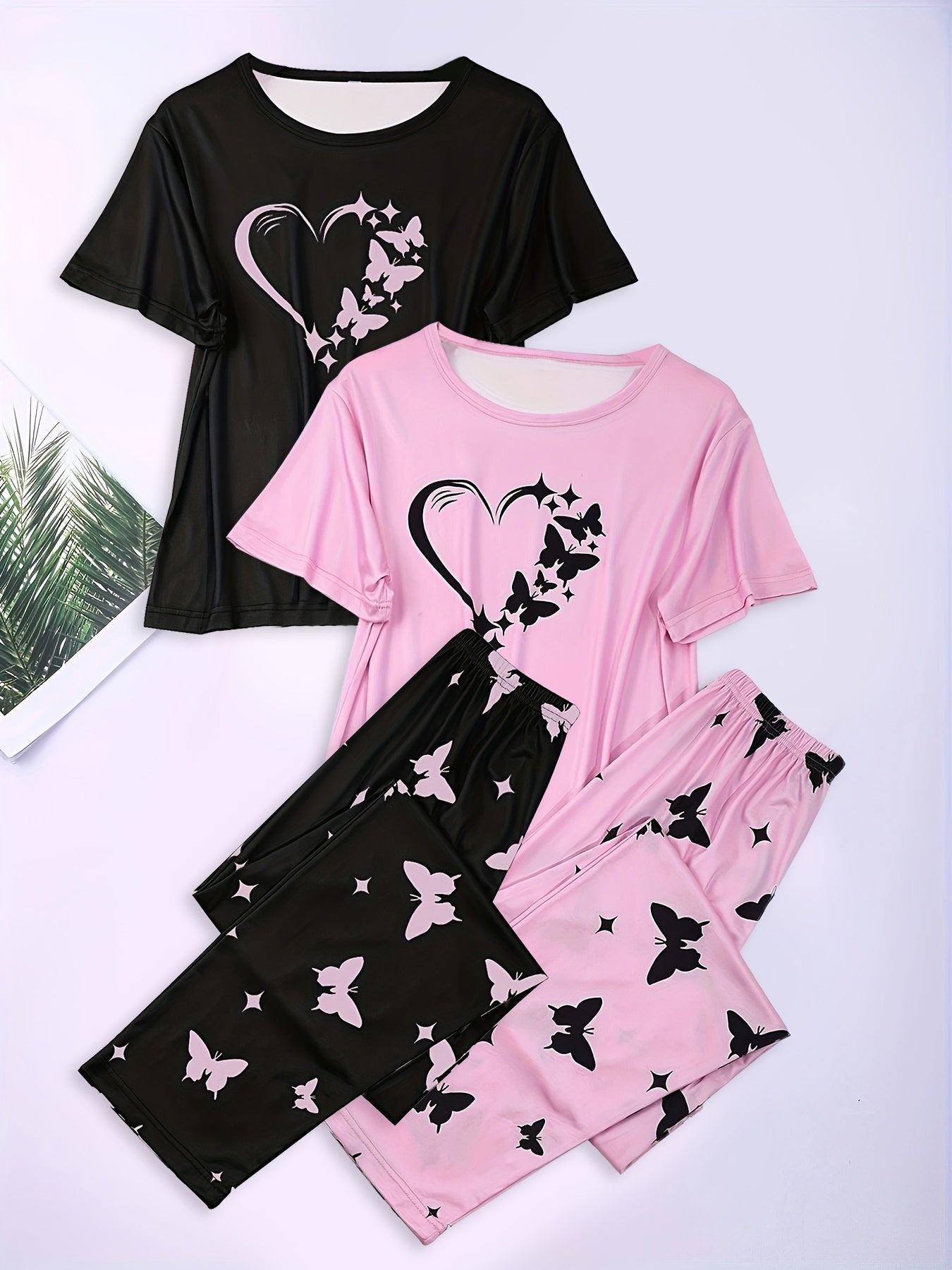 Kattalarlar uchun polyester pijama to'plami, yurak va kapalak naqshli, qisqa qo'l, krujka bo'yinli va shortlar bilan, bahor, yoz, kuz uchun