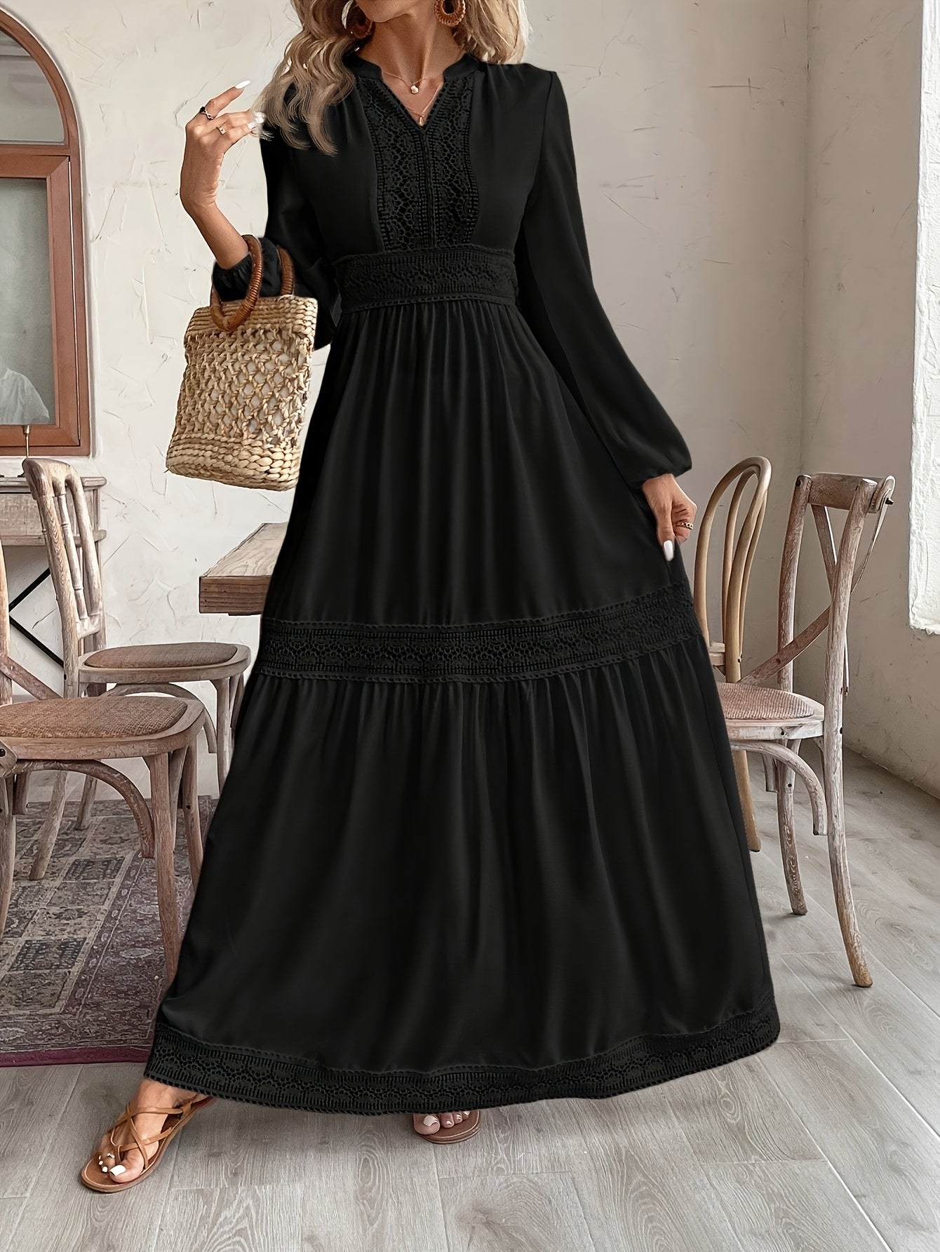 Women's Black Maxi Dress with Lace Detailing High Waist Long Sleeves All-Season Polyester