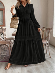 Women's Black Maxi Dress with Lace Detailing High Waist Long Sleeves All-Season Polyester