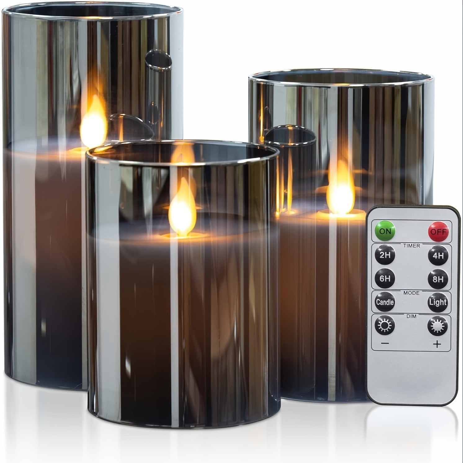 Set of 3 Gray Flameless LED Candles with Remote Timer Battery-Powered