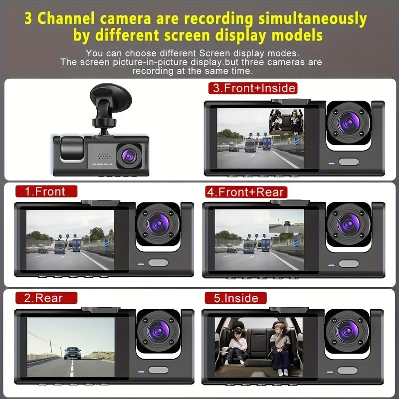 3-Channel Car Dash Cam 1080P Night Vision Loop Recording 5.08cm Screen