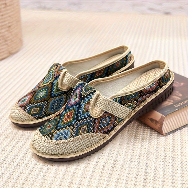 Women's Linen Slip-On Flats with Round Toe and Diamond Pattern for Summer