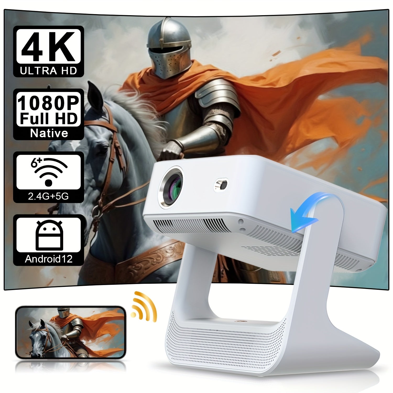 Портативный 4K HD умный проектор с WiFi6 и автоматической коррекцией трапеции