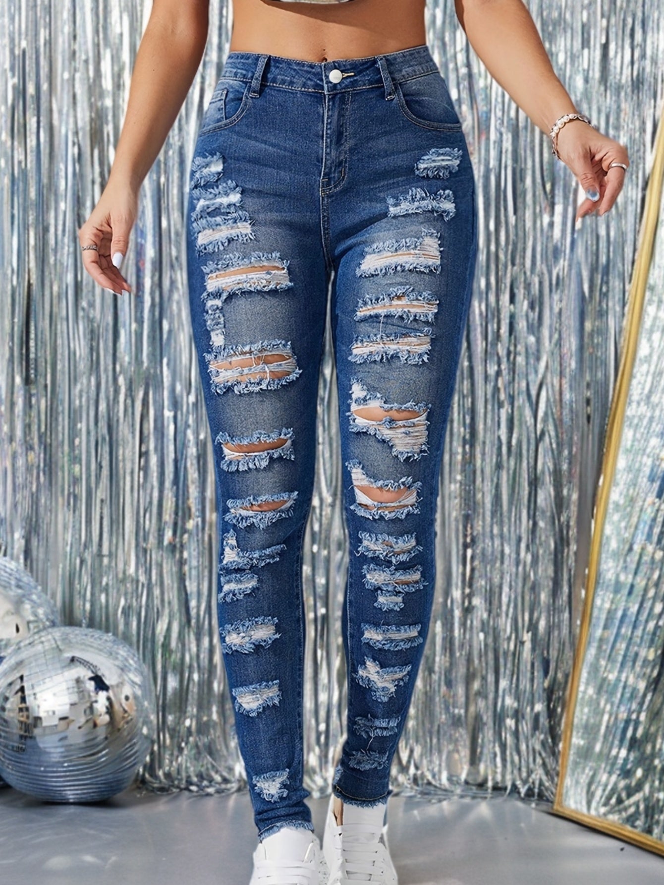 Plus Size Skinny Ripped Jeans Womens Solid Button Fly Fringe Trim