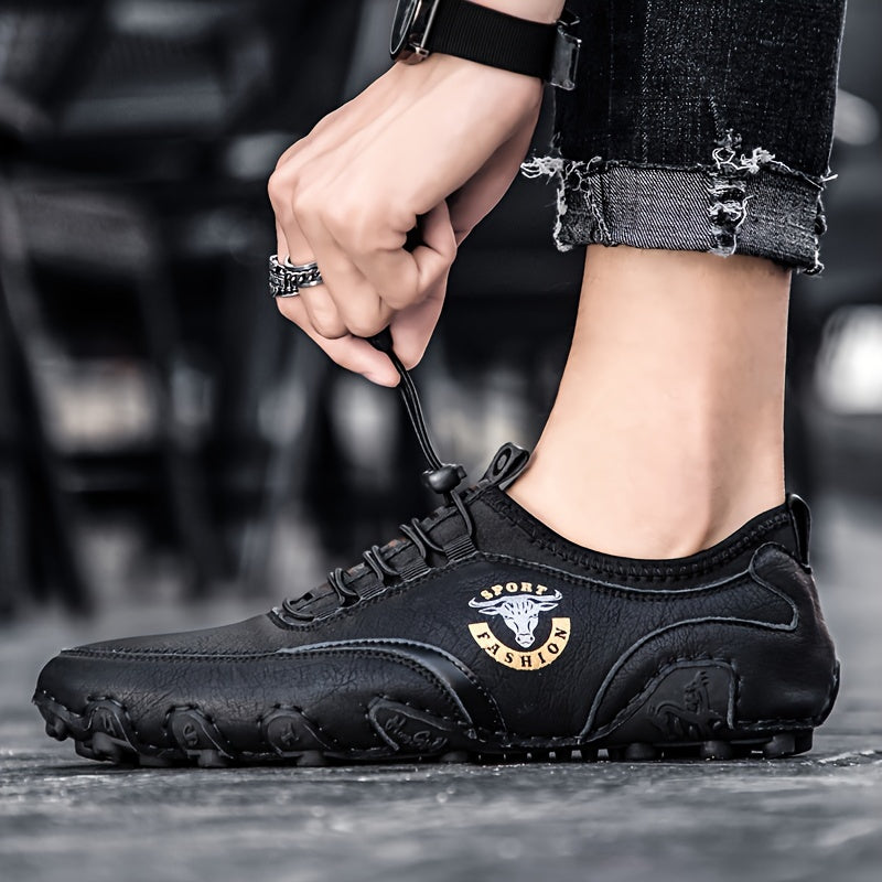 Men's Driving Shoes Leather Slip-On Casual Round Toe Rubber Sole