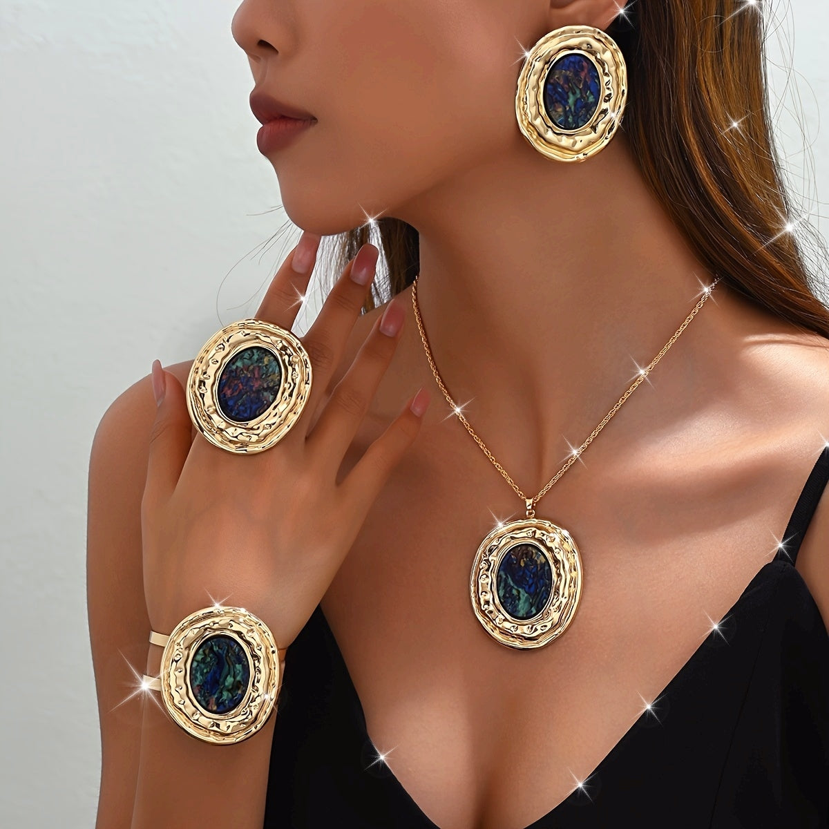 Conjunto de joyería de concha de abulón bohemio: collar, pulsera, anillo y pendientes para mujer