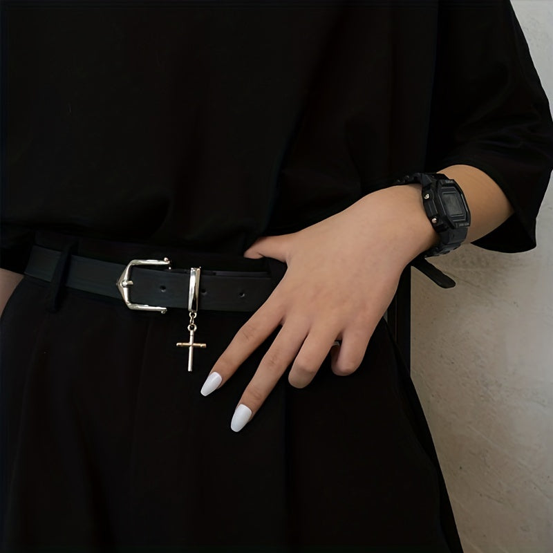 Erkaklar va ayollar uchun kundalik qora shimlar uchun qora gotik metall rasmli qisqichli PU charm kamar