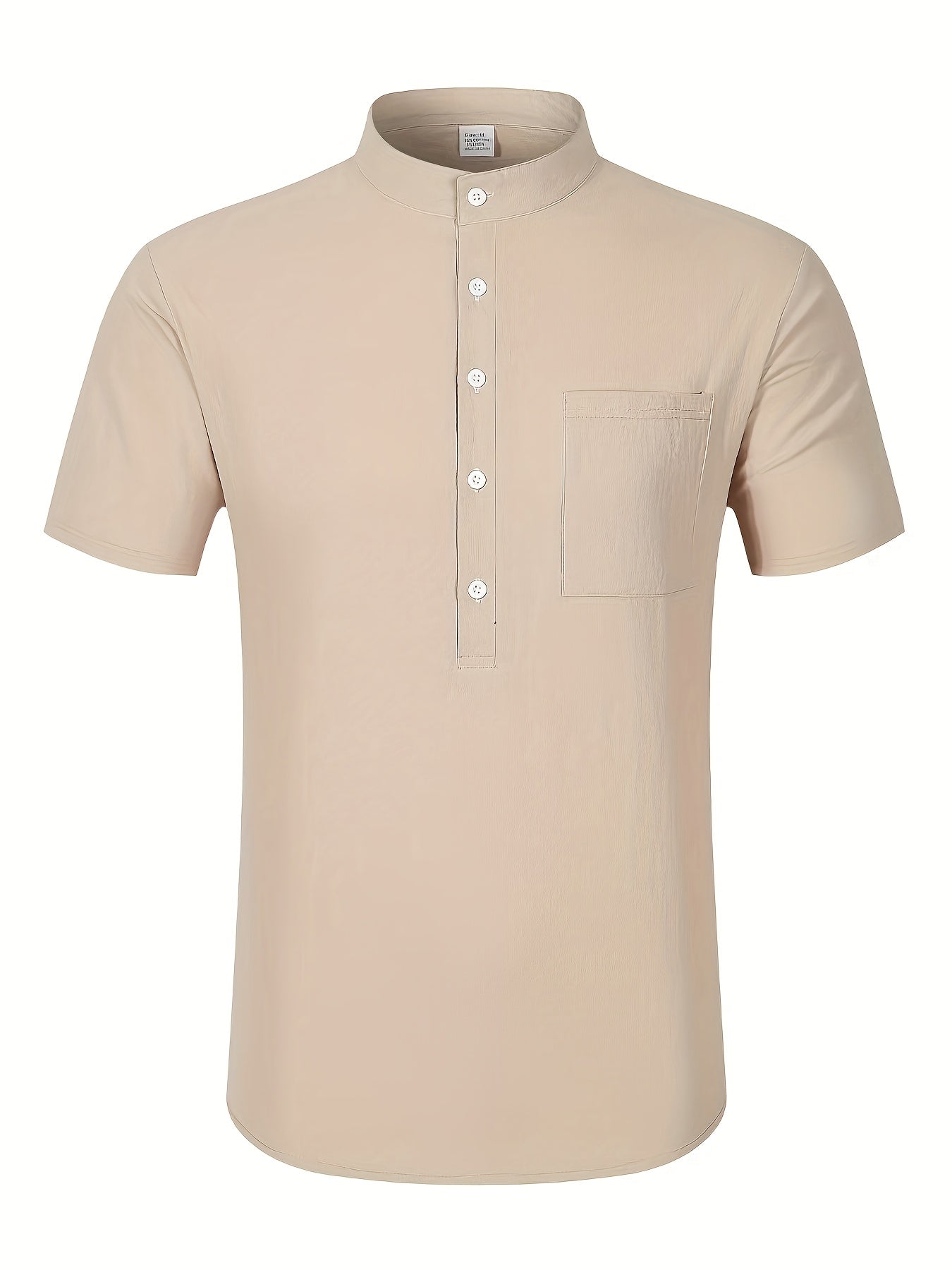 Men's Cotton Linen Henley Shirt with Mandarin Collar Short Sleeve Pocket Casual Spring Vacation