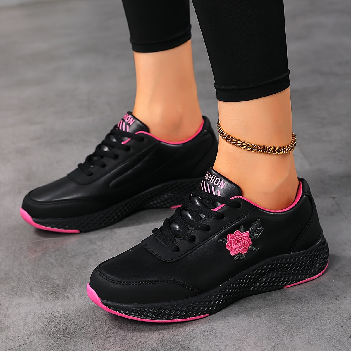 Women Flat Sneakers Breathable Lace-Up Casual Walking Shoes with Floral Pattern