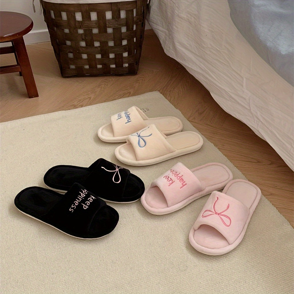 Women's Winter Slip-On Slippers Soft Fabric Indoor House Shoes in Black and Beige