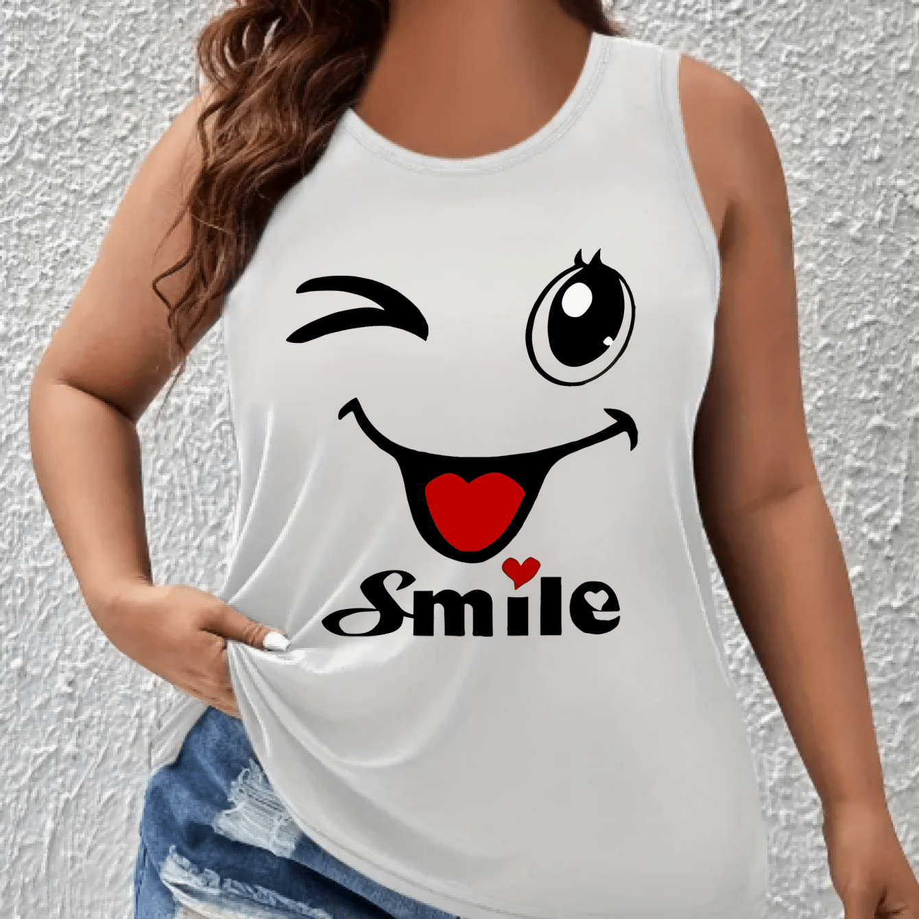 Plus Size Women's Cotton Tank Top Smile Graphic Sleeveless Shirt Summer Casual