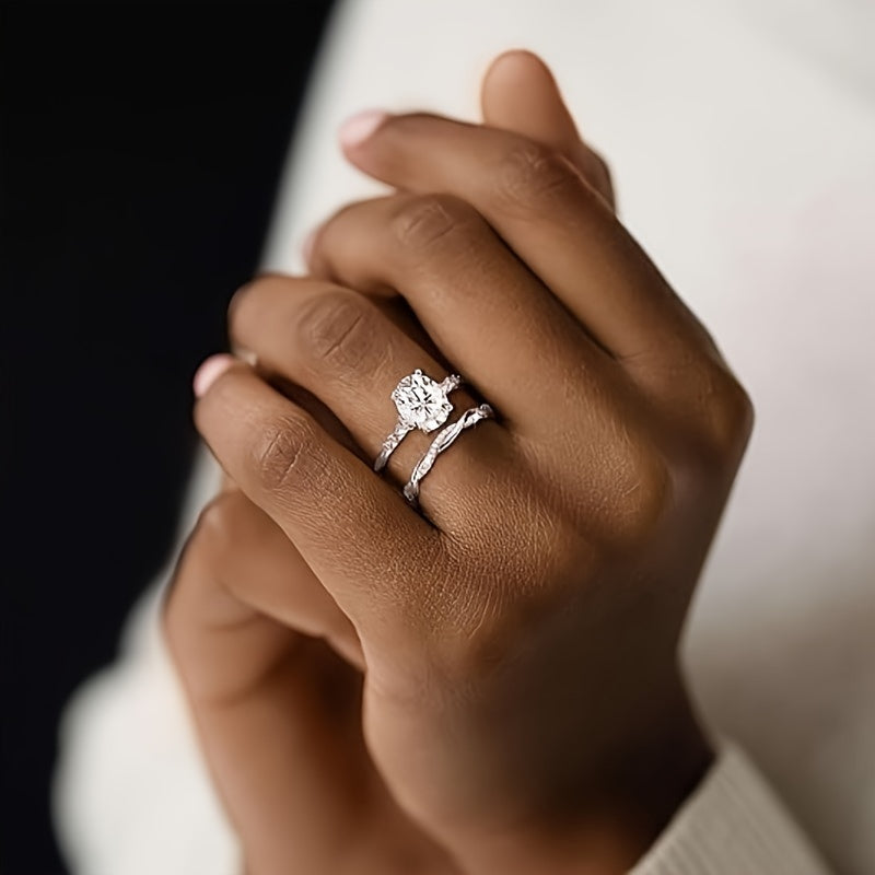 Sterling Silver S925 Bridal Set for Her Engagement Wedding Ring Stackable Zirconia