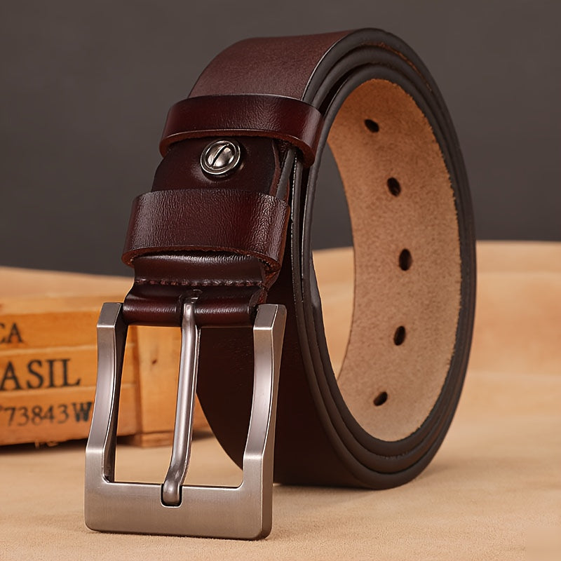 Genuine Leather Belt with Large Needle Buckle for Men Black Casual Cowhide