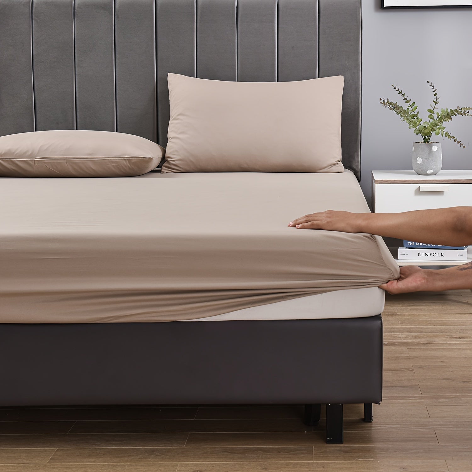 3-in-1 Light Beige Fitted Sheets with Pillowcases Breathable Soft for Bedroom Guest Room